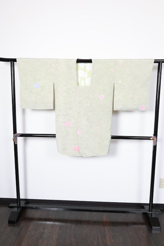 Michiyuki coat (traditional Japanese used jacket) - shades of green, purple, blue, white, coral, suminagashi (marbling), floral pattern - R190