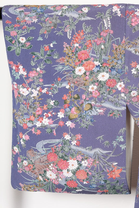 Komon (Japan used kimono silk fabric) - Blue-purple, gray, red, purple, indigo, brown - floral pattern, Kyo-Yuzen (Kyoto-style dyeing) - R195