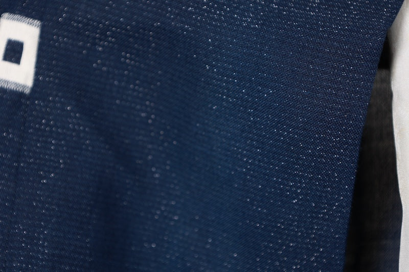 Summer Komon (Japan used kimono fabric), Monsha (patterned gauze), Nishijin weave, indigo, white, four-eyed pattern, silver threads, R196