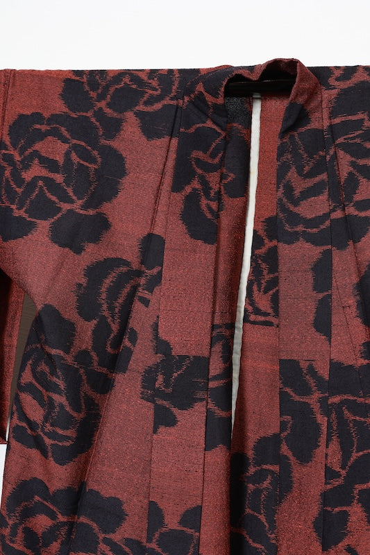 Tsumugi silk(used kimono) fabric, black, orange, rose pattern, handwoven. R176