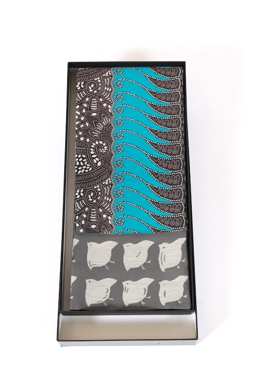 Long, half-width obi (sash), brand new, Nishijin weave, brown, blue, beige, batik pattern, houndstooth, M650