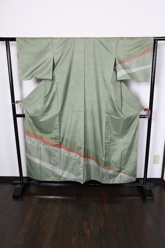 Authentic Oshima Tsumugi silk used kimono; shades of green, purple, red, white; R266