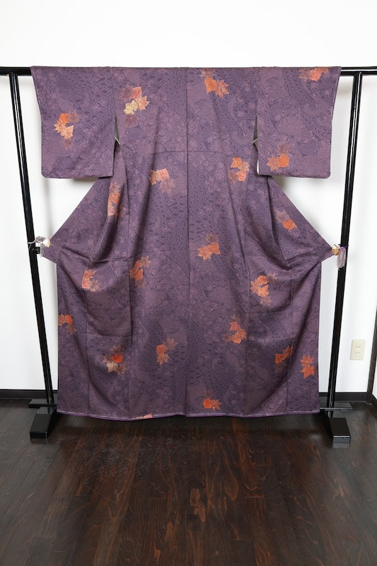 Komono (Japan kimono), brand new, unused, purple, brown, yellowish-brown, floral pattern, R260
