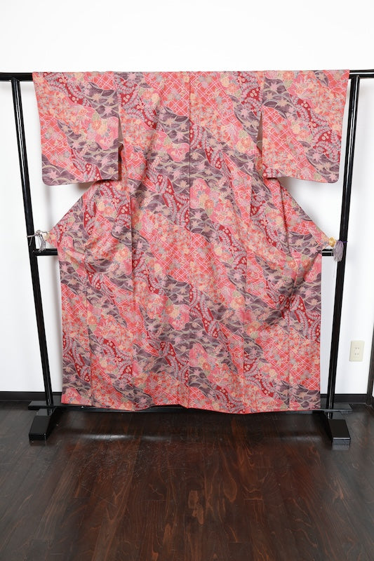 Tsumugi silk(Japan used kimono fabric), red, charcoal, purple, gray, brown, green, indigo, hand-dyed, R264