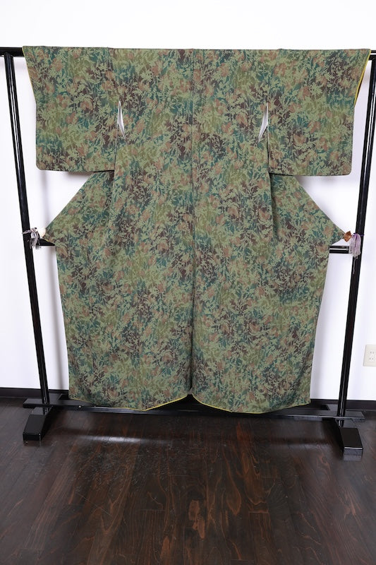 Komono (used kimono fabric) - shades of green and brown, floral pattern, hand-dyed - R265