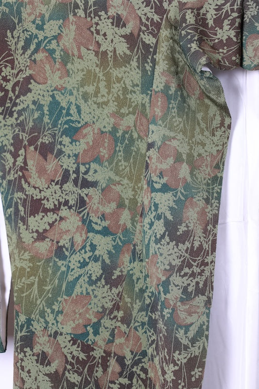 Komono (used kimono fabric) - shades of green and brown, floral pattern, hand-dyed - R265