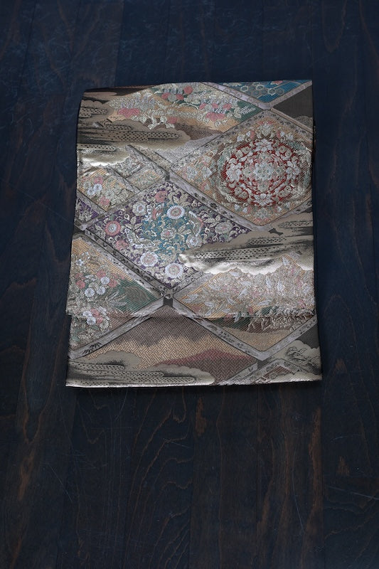 Fukuro obi (formal sash) - Gold, Purple, Green, Rust Red, White - Cloud pattern, Butterfly, Flower, Diamond pattern - R215