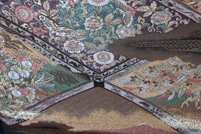 Fukuro obi (formal sash) - Gold, Purple, Green, Rust Red, White - Cloud pattern, Butterfly, Flower, Diamond pattern - R215