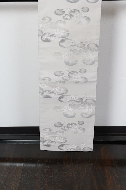 Nagoya obi (used sash), shades of gray, lotus flower pattern, R217