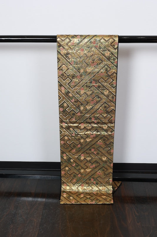 Fukuro obi (formal used sash), gold, bronze, brown, gold leaf, burnt silver, raised weave, R232