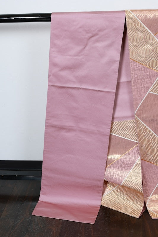 Fukuro obi (used sash), gold, light pink, seigaiha (wave pattern), rhombus, tortoise shell pattern, R230