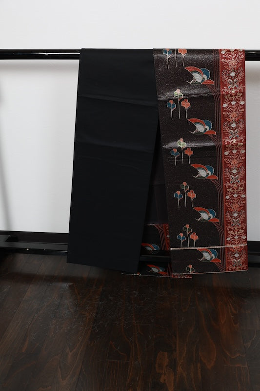 Fukuro obi (used sash): Black lacquer, gold, green, indigo, reddish-brown, floral pattern, bird design. R227