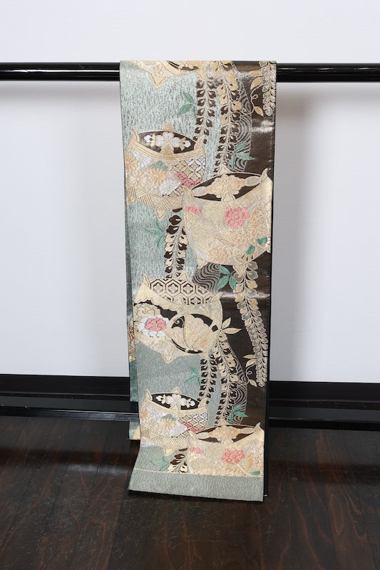 New, unstitched fukuro obi (formal sash). Gold, green, red, silver, blue. Features butterfly, peony, and thread spool motifs. R211