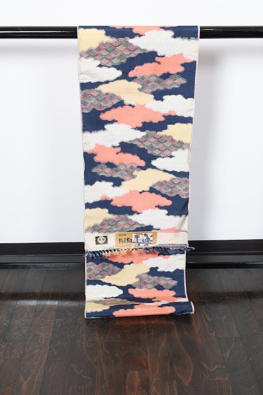 Tsumugi silk fabric , brand new, indigo, off-white, yellow, green, coral, cloud pattern, wave pattern, R290