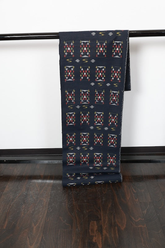 Miyajima Tsumugi silk kimono, brand new, unfinished. Indigo, yellow, gray, green, red. Geometric pattern. Handwoven. R285