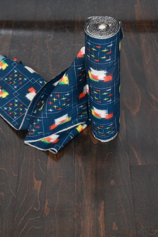 Tsumugi silk fabric , brand new, navy blue, white, red, yellow, geometric pattern, handwoven, R284