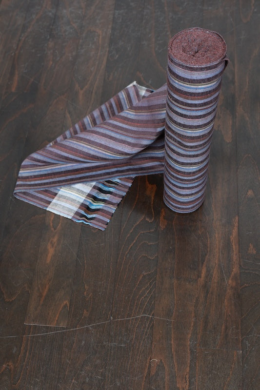 Tsumugi silk fabric, brand new, shades of brown, yellow, red, beige, blue, striped pattern, handwoven, R286