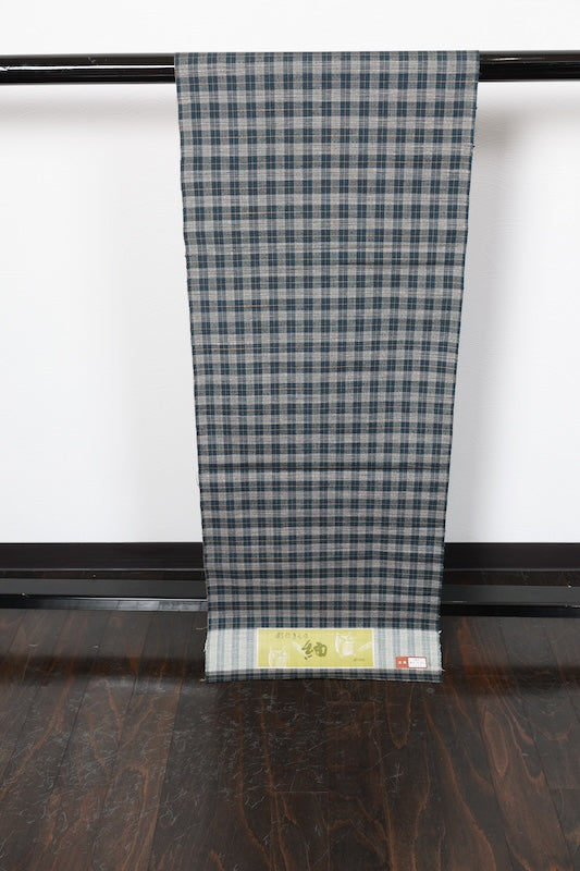 Tsumugi silk fabric, brand new, indigo, mustard, and white checkered pattern, handwoven, R280