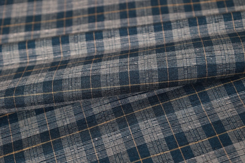 Tsumugi silk fabric, brand new, indigo, mustard, and white checkered pattern, handwoven, R280