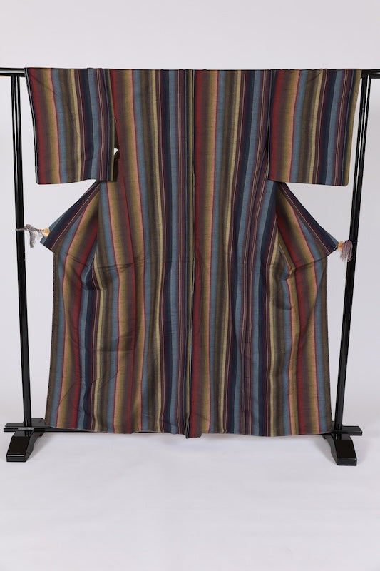 Nishijin Tsumugi silk kimono, brand new, unused. Features indigo, green, reddish-brown, and gray stripes. Handwoven.B1484