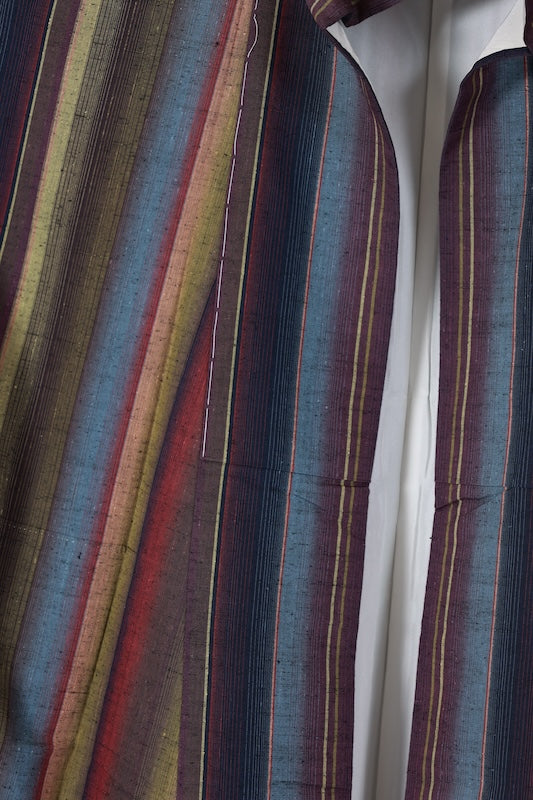 Nishijin Tsumugi silk kimono, brand new, unused. Features indigo, green, reddish-brown, and gray stripes. Handwoven.B1484