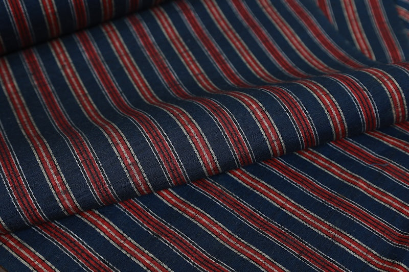 Tsumugi silk fabric, brand new, indigo, red, gray stripes, handwoven, R323