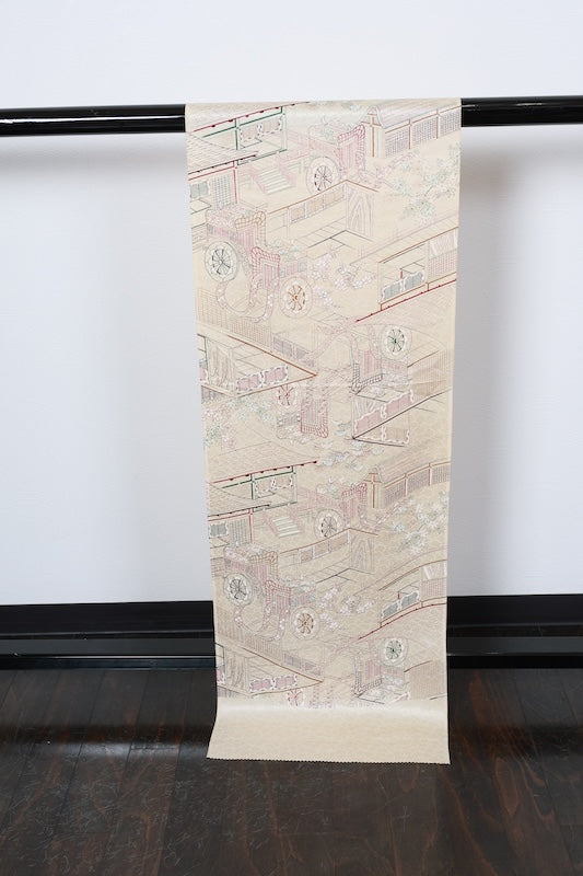 Komon (Japan kimono silk fabric) - Beige, reddish-brown, green, indigo, brown - Cherry blossom pattern throughout - Imperial Palace landscape - Hand-dyed with stencils - Kyoto-style dyeing - R310