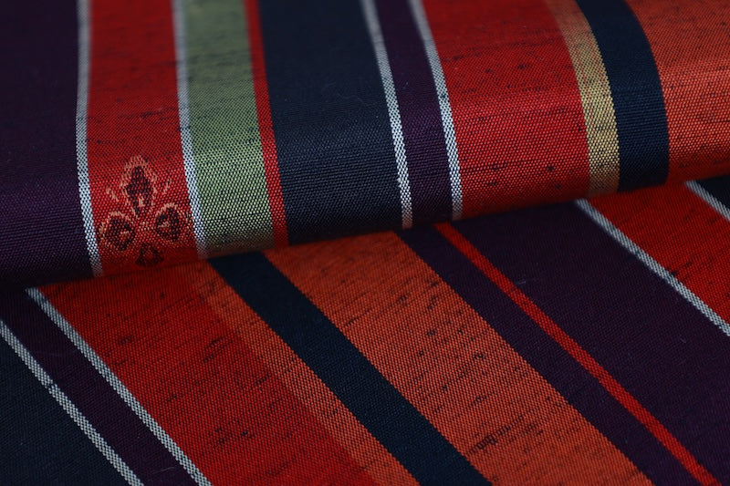 Tsumugi silk fabric , Nishijin weave, brand new, black, red, green, brown, striped, floral pattern, R289