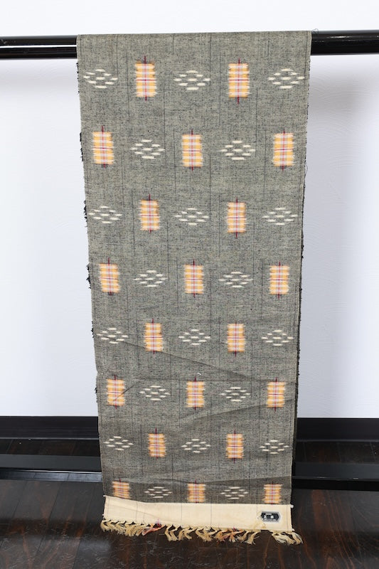 Tsumugi silk fabric, brand new, beige, black, yellow, red, geometric pattern, handwoven, R305