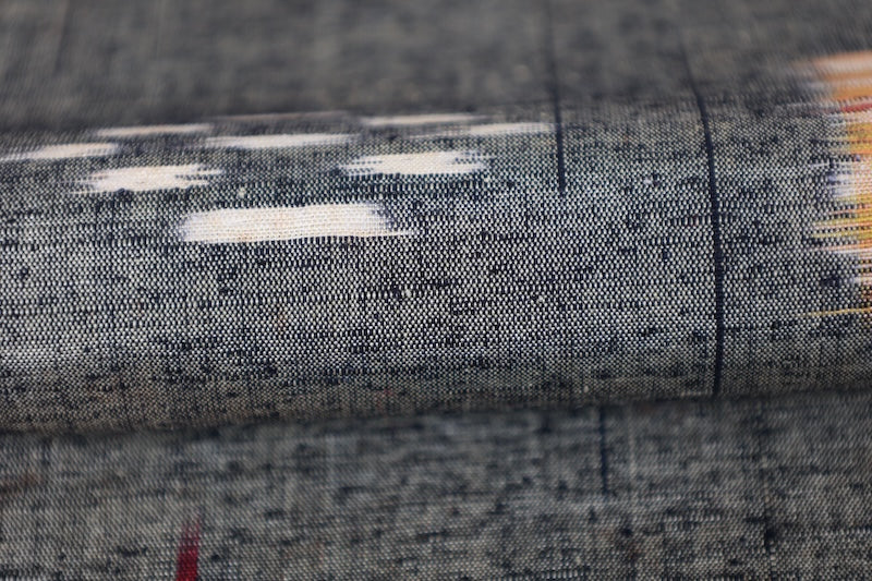 Tsumugi silk fabric, brand new, beige, black, yellow, red, geometric pattern, handwoven, R305