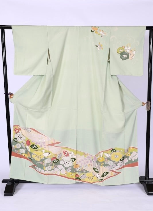 Japanese kimono used <houmongi> Lsize silk 100% /T535