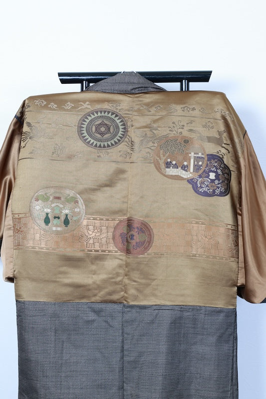 Japanese Men's kimono,haori 2piece set used M-size silk 100% /B1026