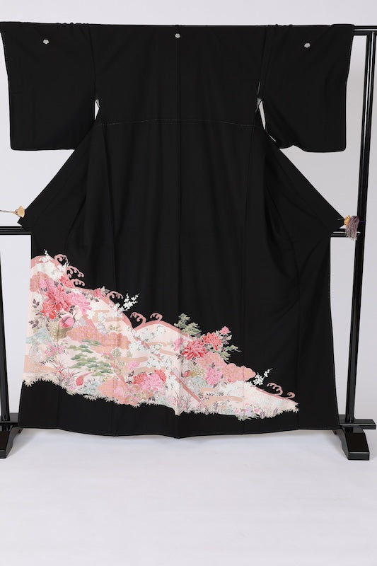 Black formal kimono (Kurotomesode) - Coral, green, cherry blossom pink, white, gold, brown, floral and bird pattern - J11