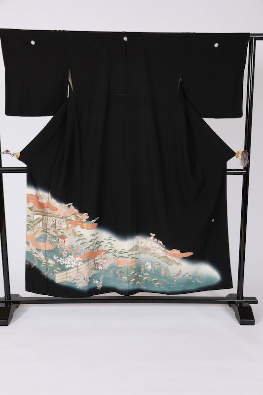 Black formal kimono used (Kurotomesode) - Green, coral, gold, white, black, brown - hand-painted - five crests in a circle with plum blossom design - artist-made - J2