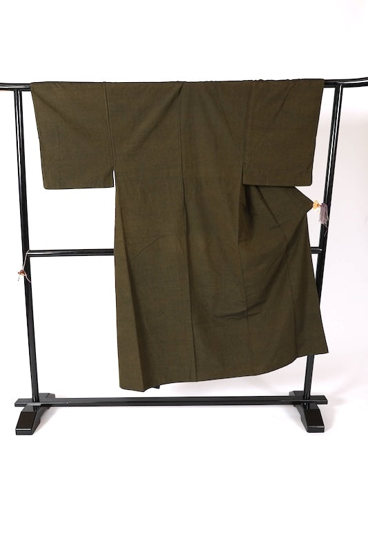 Men's used Kimono ensemble, dark green, silk floss, handwoven, J40