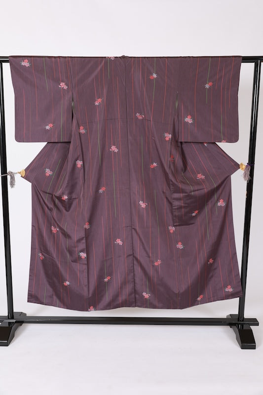 Japan used kimono Tsumugi silk, Nishijin weave, purple, green, tangerine, floral pattern, stripes, L36