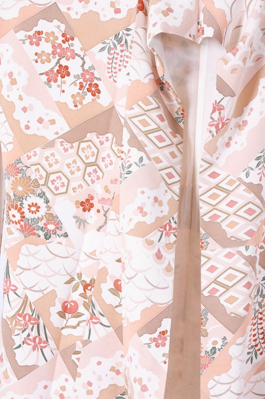 Komon (used kimono) - Beige, Coral, and shades of brown - Camellia, Iris, Dewdrop grass, Seigaiha (wave pattern), Diamond pattern, Chrysanthemum - Kyo-Yuzen (Kyoto-style dyeing) - L41