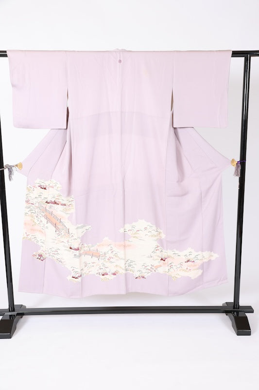 Japanese formal kimono used (Irotomesode) with one crest and nine stars, light purple, green, brown, purple, gold, floral and landscape design, Kyo-Yuzen dyeing, B73
