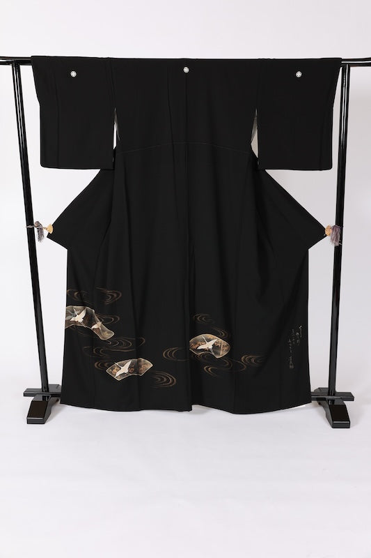 Japanese kimono used <kurotomesode> L-size silk 100% /B1092