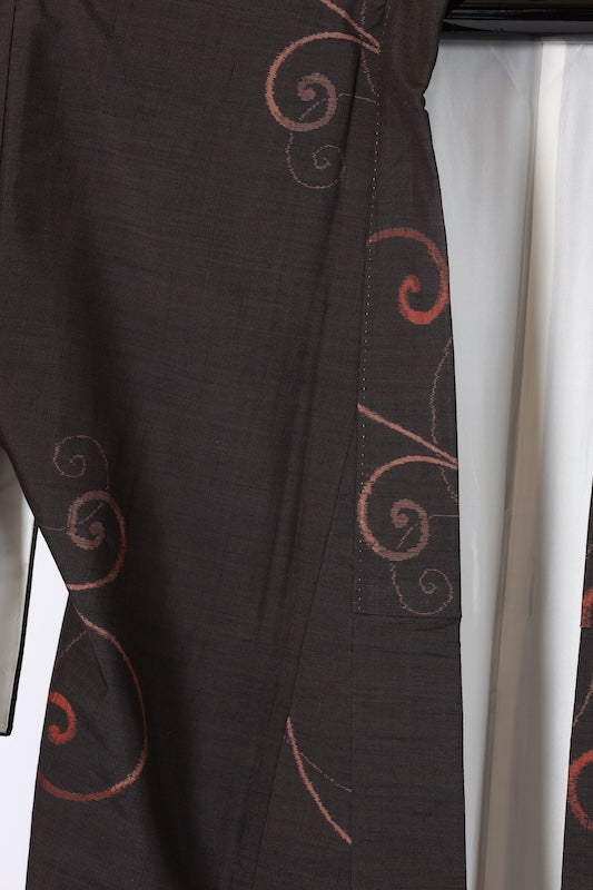 Japanese Kimono used Yonezawa Tsumugi silk fabric, black and light shades of brown, fern pattern, ikat weave, handwoven, L74