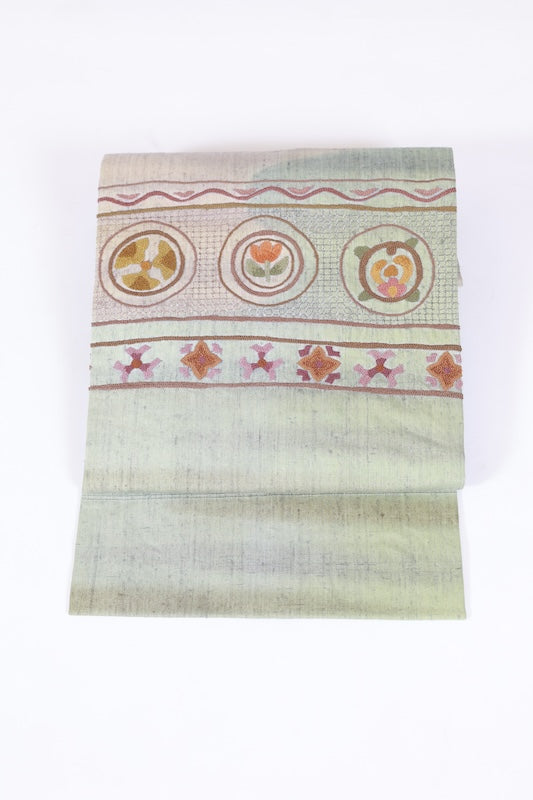 Nagoya obi used (sash) - Green, purple, brown, purple - Sagara embroidery - floral pattern - L84