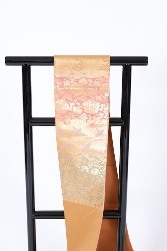 Nagoya obi used(sash) - Gold, purple, blue-gray, coral, rough shore, Chinese flower, bird, peony - L80