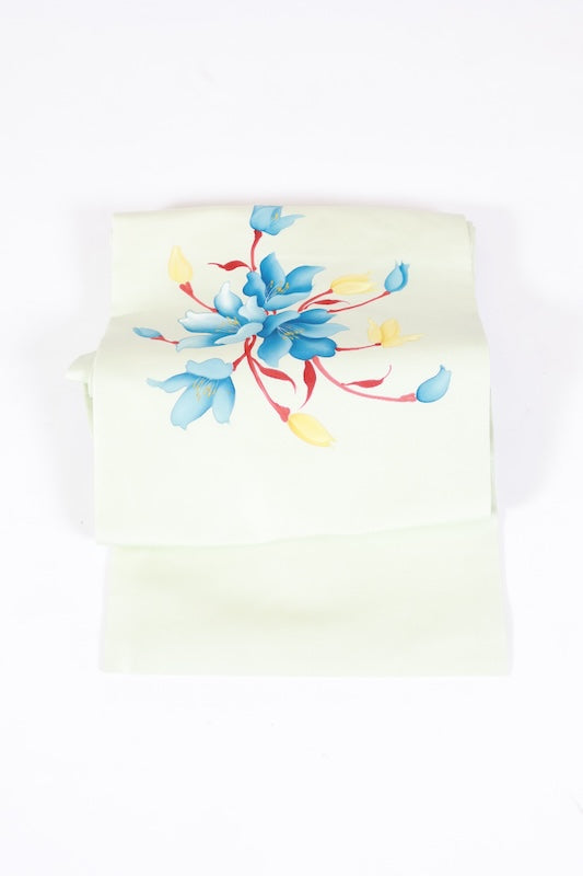 Nagoya obi used (sash), Shioze silk, light green, shades of indigo, red, yellow, floral pattern, L78
