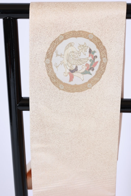 Nagoya obi used (sash), beige, gold, white, green, red, mother-of-pearl inlay, phoenix, Chinese flower, L87