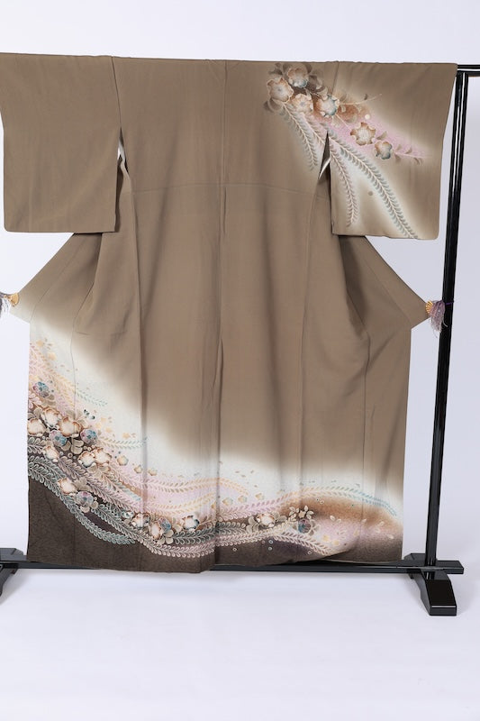 Japanese kimono used <houmongi> L-size silk 100% /B1097