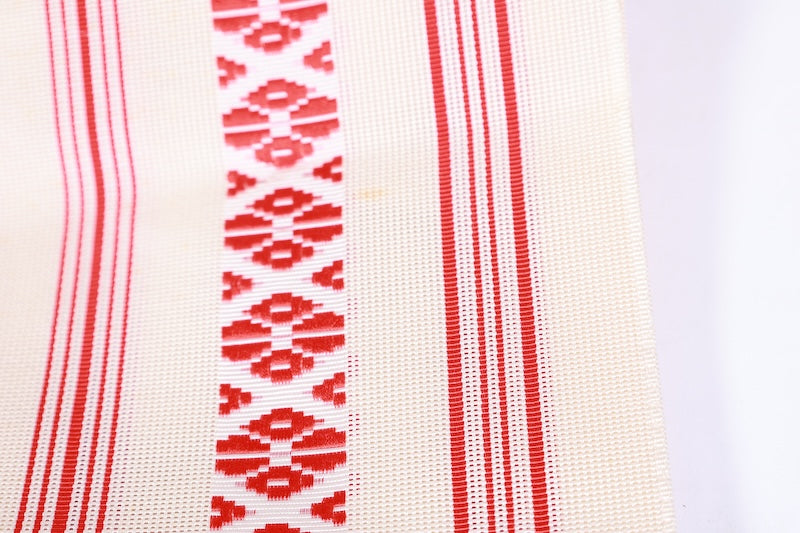 Summer Nagoya obi used, Hakata weave, Kenjo pattern, figured gauze, off-white and red, L124