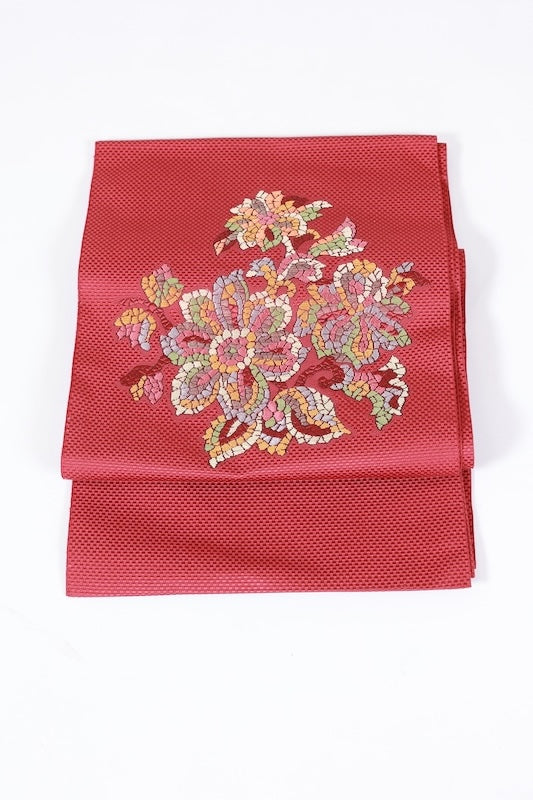 Nagoya obi used (sash), Hakata pattern weave, floral design, wine, off-white, green, purple, coral color, L123
