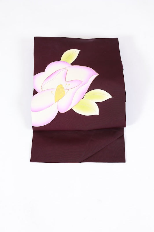 Nagoya obi used (sash), Shioze silk, shades of purple, yellow, green, white, hand-painted, gold thread embroidery, floral design, L122