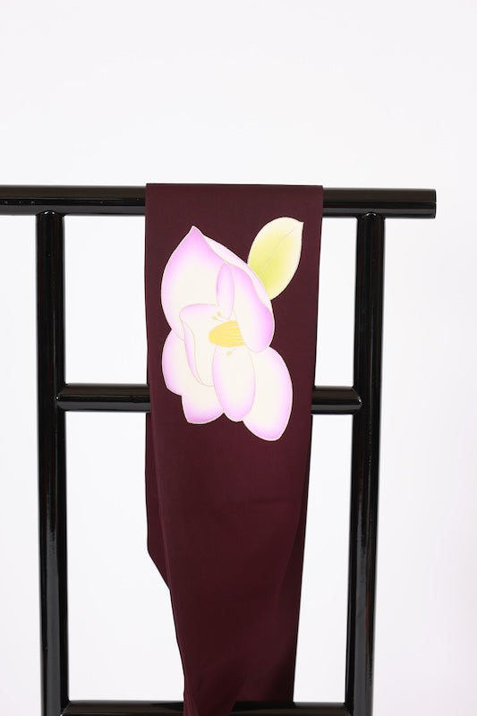 Nagoya obi used (sash), Shioze silk, shades of purple, yellow, green, white, hand-painted, gold thread embroidery, floral design, L122