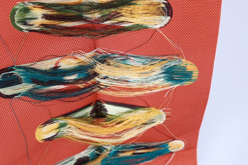 Nagoya obi used (sash), Hakata pattern weave, brick red, green, brown, purple, off-white, circle with bell motif, streamer design, scroll pattern, L121